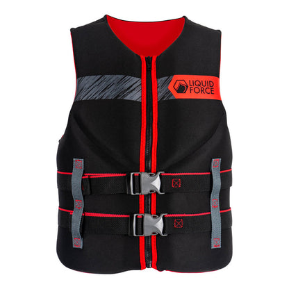 Front view of Classic Hinge CGA Life Jacket in black/red, two buckles, Liquid Force chest logo.