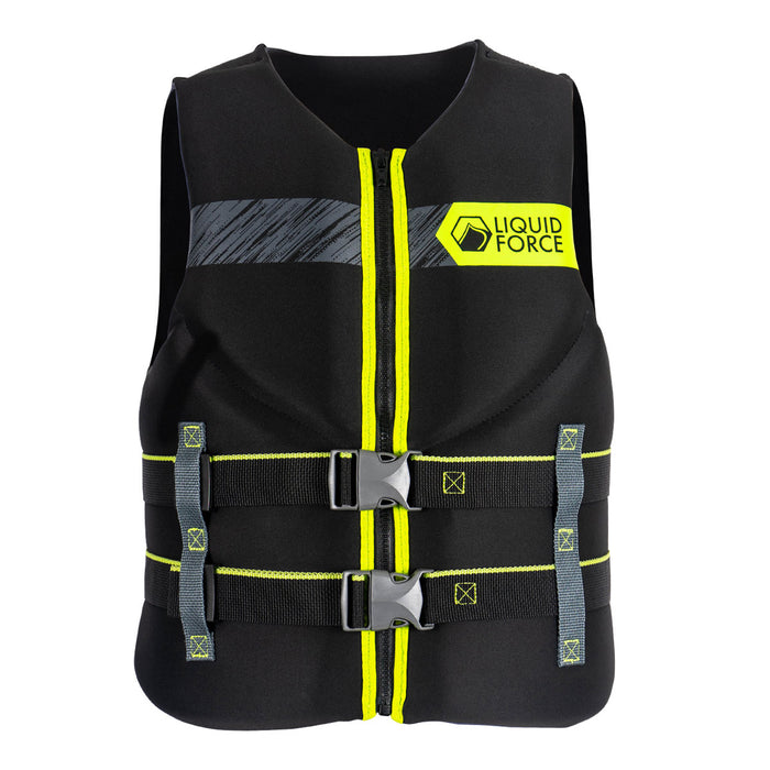 Front view of Black and yellow Classic Hinge CGA Life Jacket with dual buckles and Liquid Force logo.