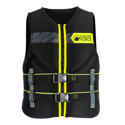 Front view of Black and yellow Classic Hinge CGA Life Jacket with dual buckles and Liquid Force logo.