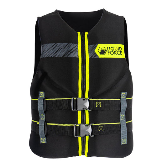 Front view of Black and yellow Classic Hinge CGA Life Jacket with dual buckles and Liquid Force logo.