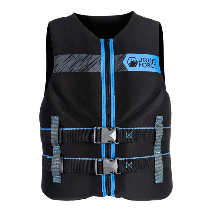 Front view of Classic Hinge CGA with two buckle straps and Liquid Force logo in black and blue.