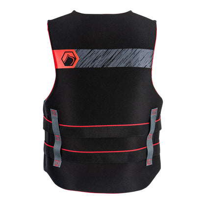 Rear view of Classic Hinge CGA, black/red jacket with gray straps and hexagon logo.