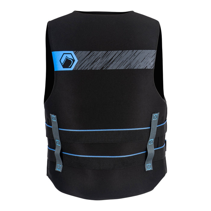 Rear view of Classic Hinge CGA: Black life jacket with blue accents and adjustable straps.