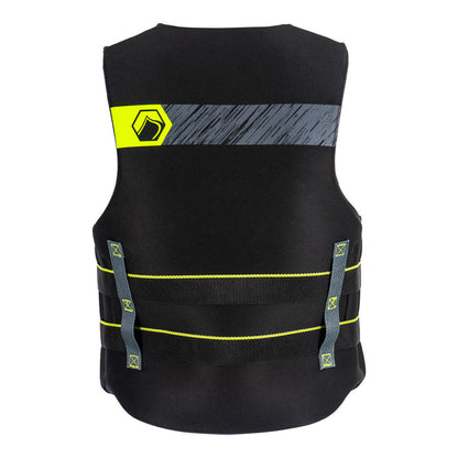 Rear view of Classic Hinge CGA jacket with neon accents and adjustable straps.
