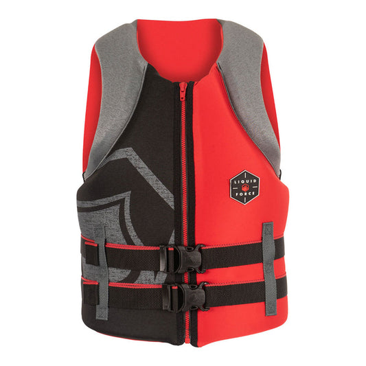 Front view of Hinge CGA life jacket, red/black, with front zipper & buckle straps.