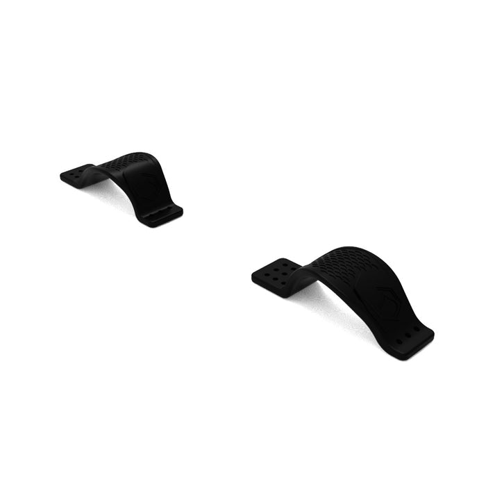Two curved black foil board foot straps on a white background.